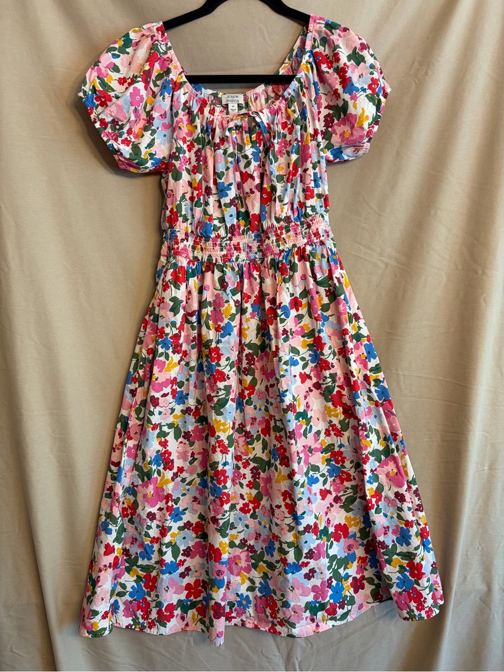 J. Crew Floral Smocked-Waist Midi Dress Puff-Sleeve Multicolored Spring 2026
